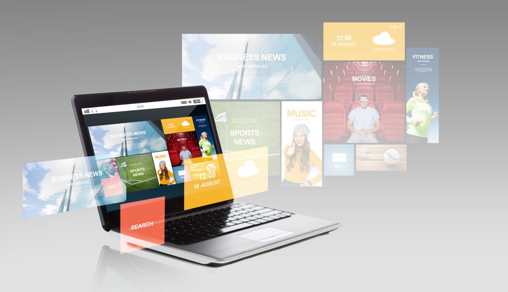 technology media multimedia advertisement concept laptop computer with internet applications screen gray background